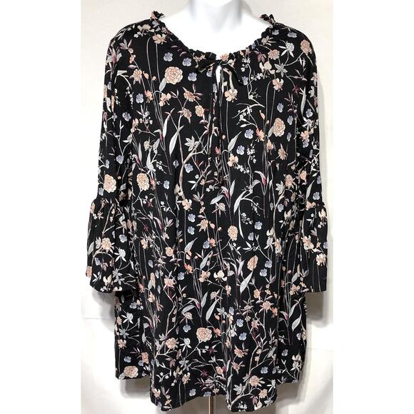Style & Co Top OX Blk Floral 3/4 Bell Sleeve Tie keyhole Cottage Fairy Whimsy - Picture 7 of 7